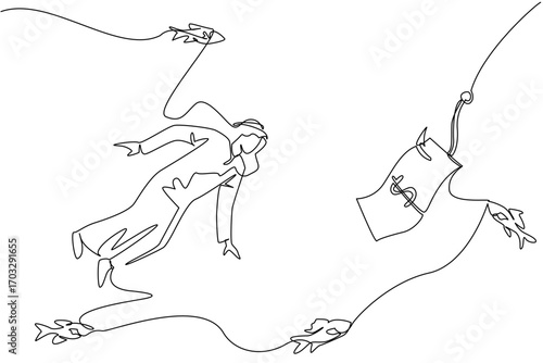Single one line drawing arab man swims and reaches for banknotes attached to hook. The difficulty of finding trustworthy investors. Trap. Fake. Money Bait. Continuous line design graphic illustration