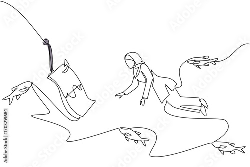 Single continuous line drawing arab woman swims and reaches for banknotes attached to a hook. Helplessness to seek help. Bound in a trap. Dangerous. Money Bait. One line design vector illustration