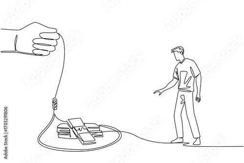 Single continuous line drawing man in casual clothes walking towards a rope trap containing several stacks of banknotes. Debt to meet the lifestyle. Money Bait. One line design vector illustration