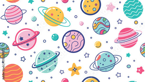 A lively design showcasing planets and stars in a spectrum of colors..eps