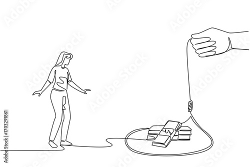 Continuous one line drawing young beautiful woman walking towards a rope trap containing several stacks of banknotes. The trap of abundance. Money Bait. Single line draw design vector illustration