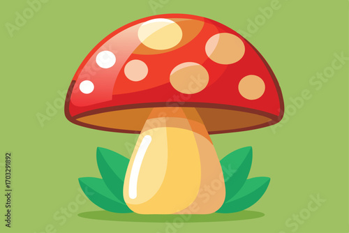 Red mushroom with white spots growing from green leaves against a light green background