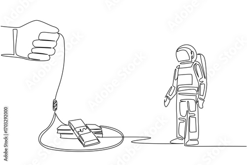 Single one line drawing astronaut walking towards a rope trap containing several stacks of banknotes. Dangerous traps. Ruining the expedition. Money Bait. Continuous line design graphic illustration