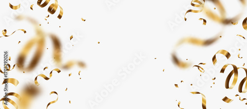 Gold confetti, serpentine ribbons vector background. Explosion, golden burst. Copy space at the center. Festive illustration for gift, holiday, birthday design