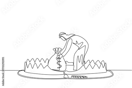 Continuous one line drawing arabian man is taking money bag on top of bear trap. Acting carelessly. Getting caught in the wrong investment. Money Bait. Single line draw design vector illustration