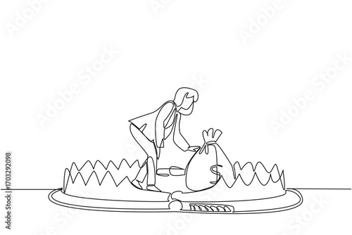 Single continuous line drawing businesswoman is taking money bag on top of bear trap. Initial capital is burdensome. Business must continue to run. Money Bait. One line design vector illustration