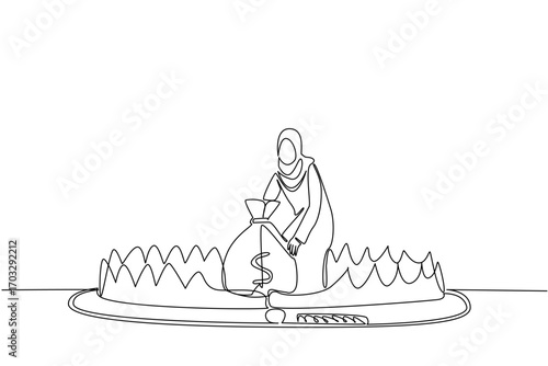 Single continuous line drawing arabian woman is taking money bag on top of bear trap. Household loans. Trapped in debt. Lots of debt. Full of risks. Money Bait. One line design vector illustration