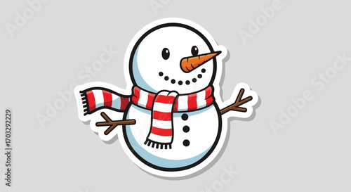 Festive snowman sticker Perfect winter holiday decoration with a carrot nose and striped scarf, cheerful vibes!