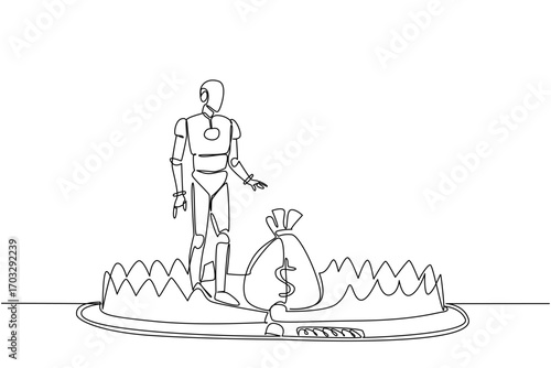 Continuous one line drawing robot is taking money bag on top of bear trap. Investment in advanced artificial intelligence. Trap trick. Risk. Money Bait. Single line draw design vector illustration
