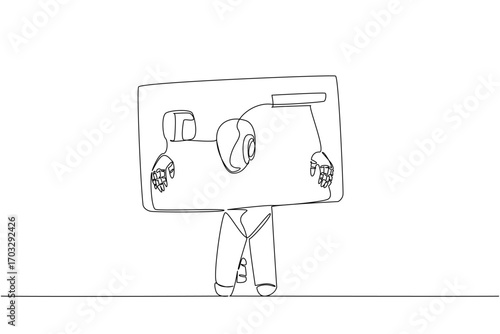 Continuous one line drawing a robot trapped head and both hands in large credit card. Artificial intelligence experiment fails miserably. Debt. Money Bait. Single line draw design vector illustration