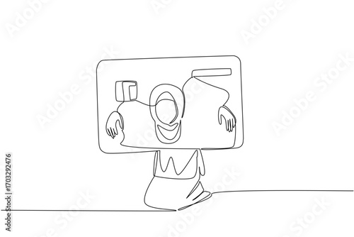 Single continuous line drawing an arab woman trapped her head and both hands in a large credit card. Following the wrong lifestyle. Not fond of saving. Money Bait. One line design vector illustration