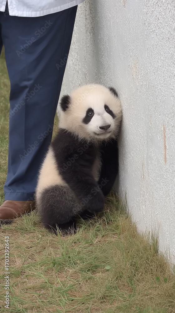 Obraz premium Panda cub sitting on its hind legs, leaning against a rock