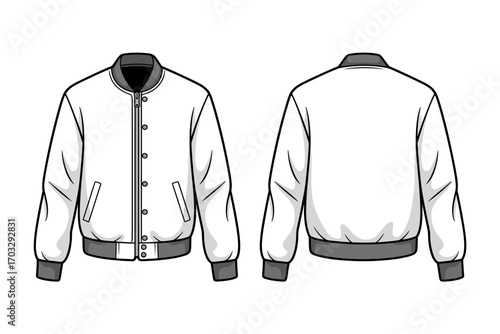 Varsity Jacket Illustration Front and Back View for Fashion Design and Apparel Mockups with Gray Accents and White Fabric