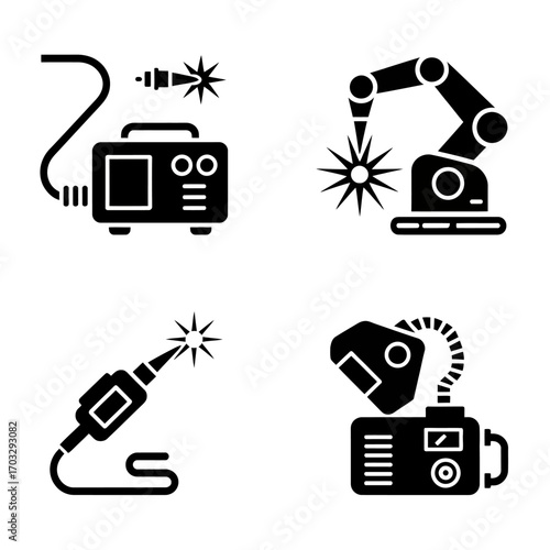 Welding Equipment Set Black and White Icons Representing Various Welding Machines and Techniques for Metal Joining Processes