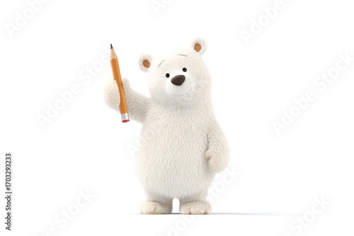 A polar bear cub holding a pencil and waving hello on the first day of school, 3d animation, isolated on a white background