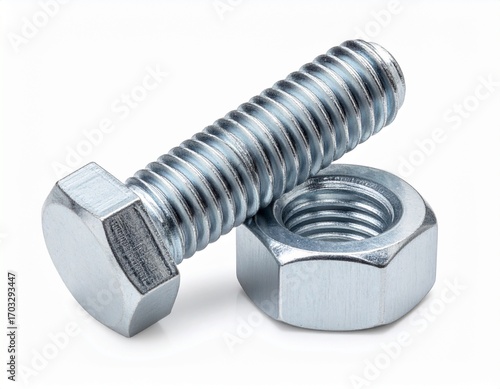 A single steel bolt paired with a nut, photographed on a white background
