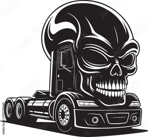 Semi-truck with a large skull as the cabin in black and white vehicle transportation
