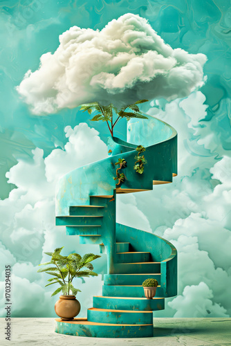 Stairs up into clouds. Spiral staircase in vibrant turquoise color ascends into fluffy cloud, surrounded by soft clouds, creating surreal and dreamlike ambiance, blending nature and architecture