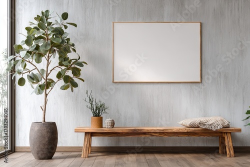 Minimalist living room scene with plant, bench, and framed art