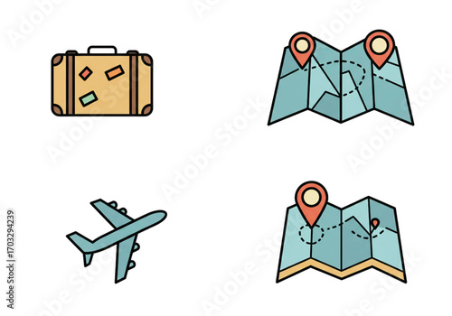 Minimal travel icons, suitcase, airplane, map, isolated vector.