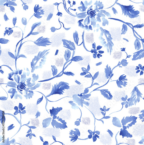  Blue watercolour textured connecting seamless floral beautiful pattern