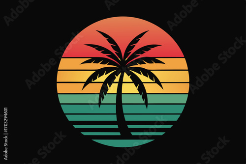 Silhouette palm tree within retro sunset circle against a solid black background
