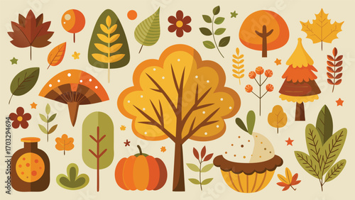 Clip art set featuring colorful autumn leaves and trees in various shapes and sizes, showcasing the beauty of fall..eps