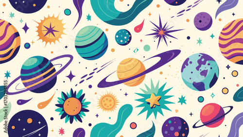 An illustration depicting various planets and stars scattered across a dark space background..eps