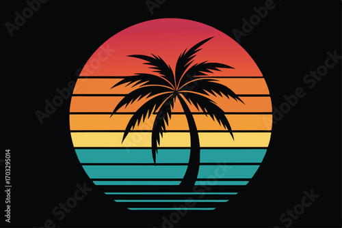 Black silhouette of a palm tree set against a vibrant retro sunset backdrop