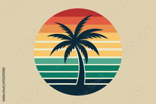 Retro striped circle showcases a silhouette of a palm tree against warm gradient hues