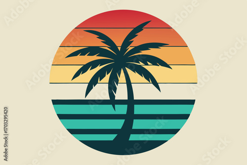 Silhouette palm tree stands on a vintage sunset ocean horizon within the circle