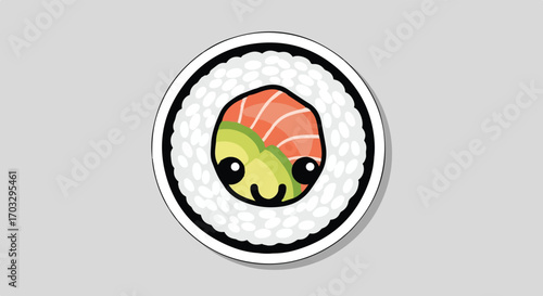 Cute kawaii sushi roll character illustration with a happy smiling face. Vector graphic of a Japanese maki with salmon and avocado