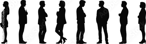 Business people silhouettes — professional men and women in formal attire, side and front views, corporate team and leadership concept