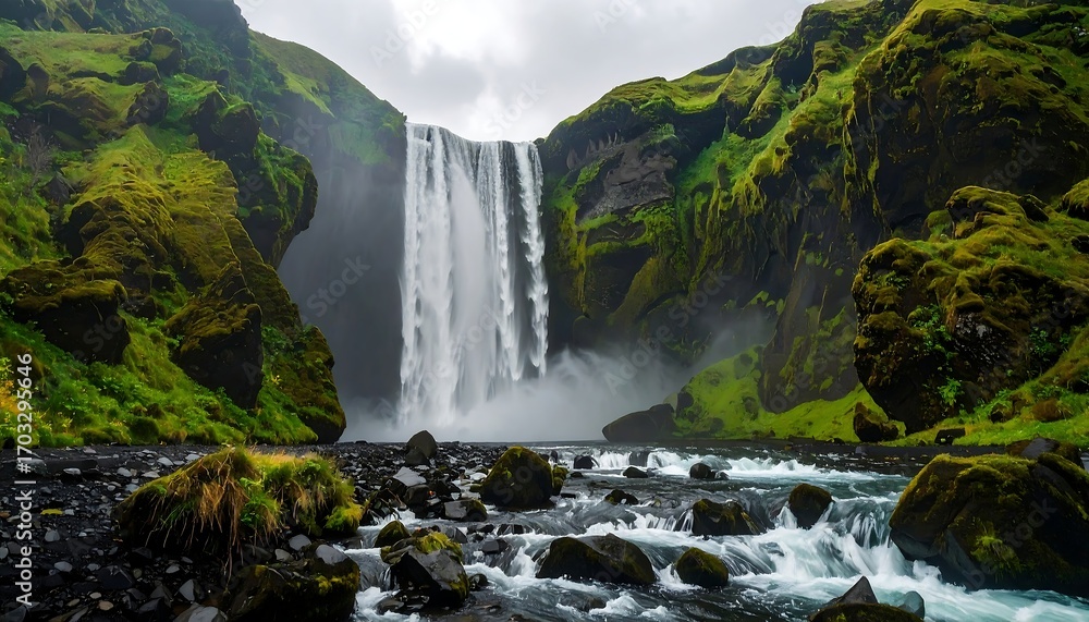 Fototapeta premium Waterfall cascading amidst mossy, green cliffs, rocky river in foreground, gray sky