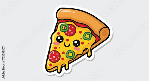 Cute Kawaii Pizza Slice Illustration with Smiling Face and Dripping Cheese - Vector Art
