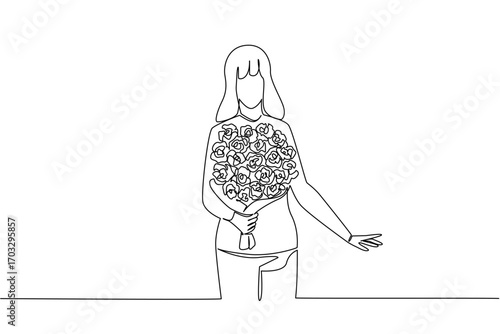 Single continuous line drawing woman holding a bouquet of flowers posing as if she wants to give the flowers. Romantic atmosphere. Bring Flowers To Someone Day. One line design vector illustration