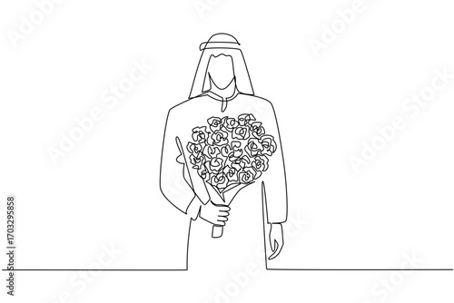 Continuous one line drawing arab man holding bouquet of flowers posing as if he wants to give the flowers. Sincerity of love. Bring Flowers To Someone Day. Single line draw design vector illustration