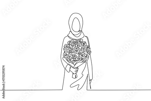 Single one line drawing arab woman holding a bouquet of flowers posing as if she wants to give the flowers. The red of love. Bring Flowers To Someone Day. Continuous line design graphic illustration