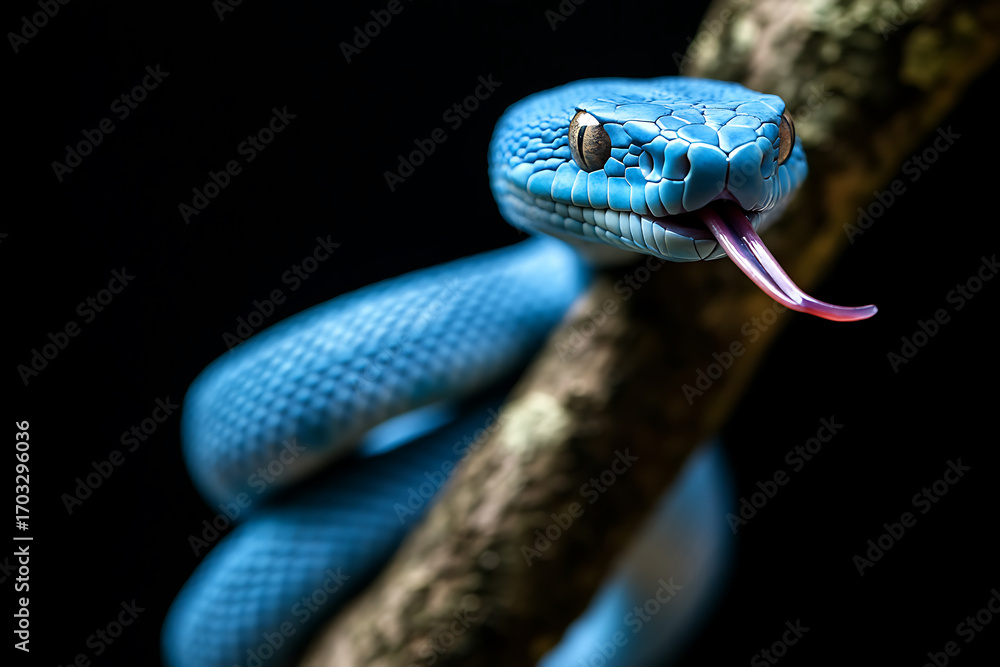 Obraz premium Blue snake striking out on a tree branch. Snake is blue and has its tongue out and its face is pointed forward with a black background.