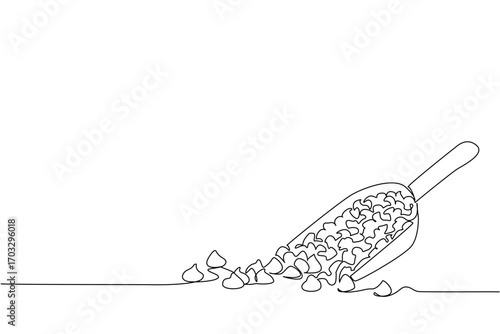 Single continuous line drawing choco chips are on top of the scoop and there are also some scattered around. Finished making. Fresh. National Chocolate Chip Day. One line design vector illustration