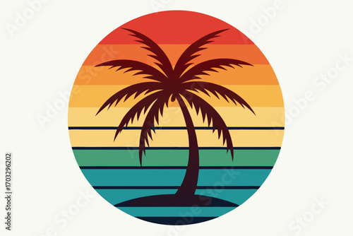 Wallpaper Mural Retro palm tree presents a beach sunset against striped horizon background Torontodigital.ca