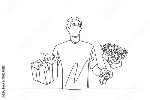 Single one line drawing a man in casual clothes holding a bouquet of flowers and a gift. A special gift on a special day. Bring Flowers To Someone Day. Continuous line design graphic illustration