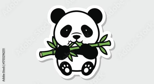 Whimsical cartoon illustration of a cute baby panda bear munching on a green bamboo stalk, an isolated vector sticker design