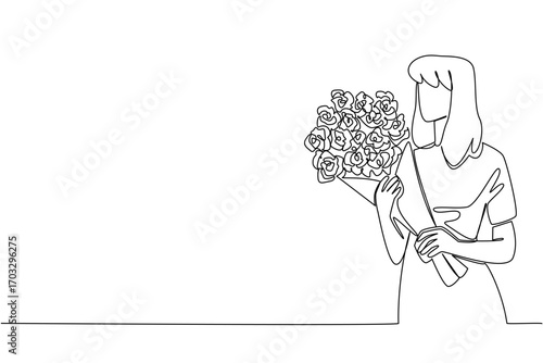 Single continuous line drawing a young woman in casual clothes is carrying a bouquet of flowers. Symbol of sincere expression of love. Bring Flowers To Someone Day. One line design vector illustration