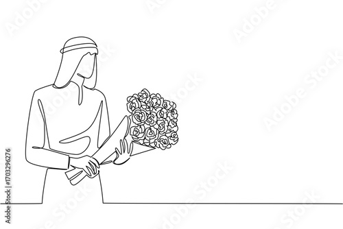 Single one line drawing young arabian man with turban carrying a bouquet of flowers. Expressing feelings without words. Love. Bring Flowers To Someone Day. Continuous line design graphic illustration