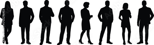 Silhouettes of business professionals — men and women standing in formal attire, corporate team concept, office diversity illustration