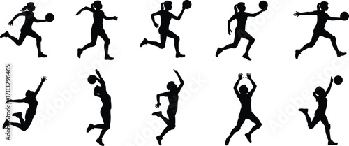 Silhouettes of female handball athletes in motion — running, jumping, and throwing ball in dynamic action poses for sports design.