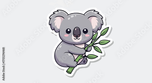 Adorable Cartoon Koala Illustration Sticker Happily Holding a Green Eucalyptus Branch for Cute Wildlife and Children's Designs