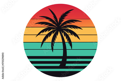 Single dark palm tree silhouette stands against round retro colored stripes