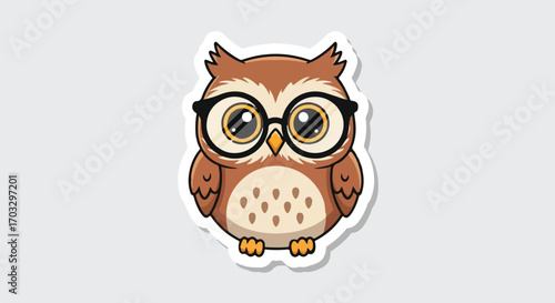Adorable cartoon wise owl with big nerdy glasses, a cute bird character illustration. A symbol of knowledge and education, isolated sticker design